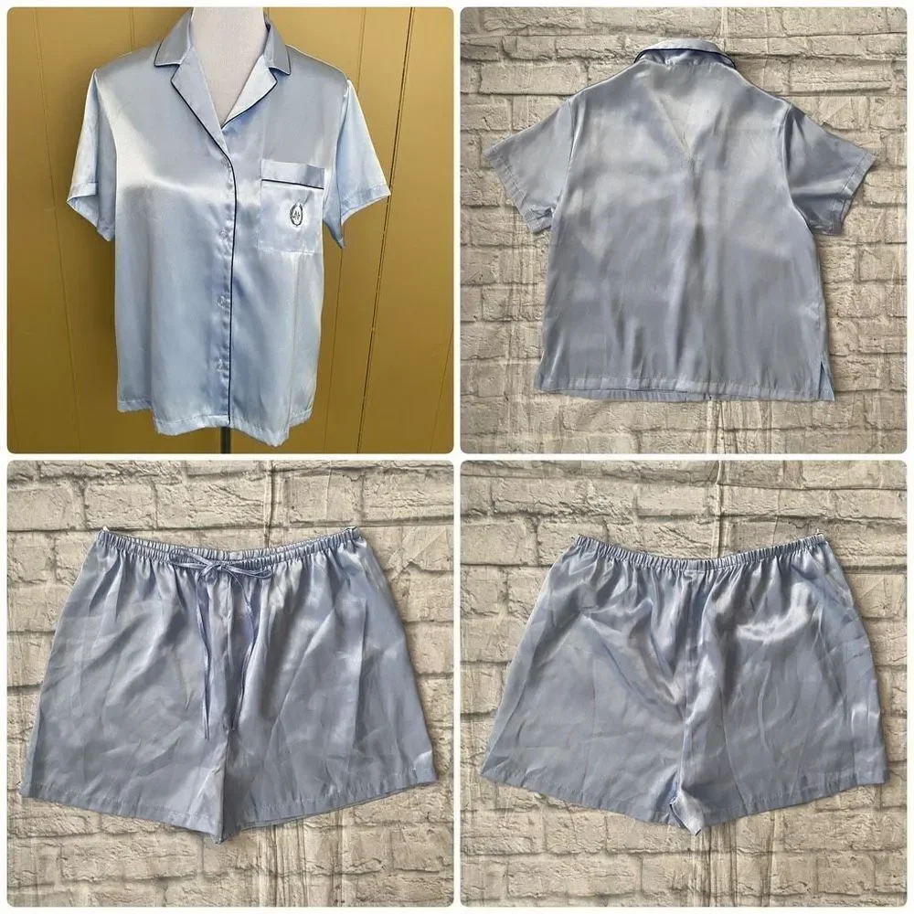 Jones New York women L short sleeve and shorts satin pajama set light blue ￼